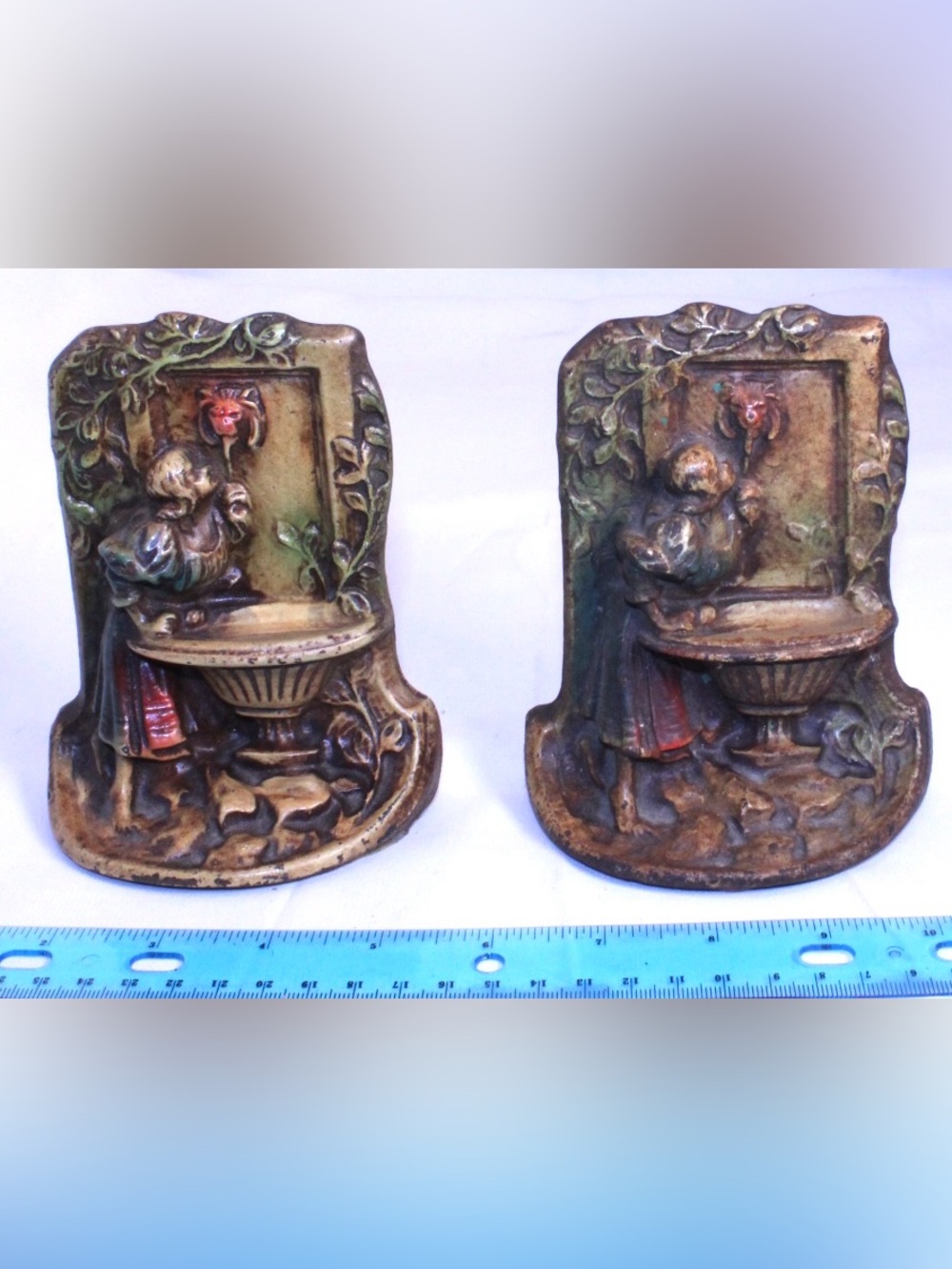 VTG Antique Art Nouveau Cast Iron Bookends Maiden Girl at Lion Fountain Pair